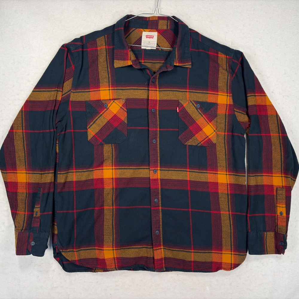 Levis Mens XXL Plaid Flannel Shirt Navy Orange Red Long Sleeve 3LYLW9692